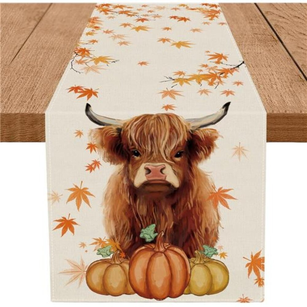 Fall Table Runner Cowโ Pumpkin Linen Seasonal Kitchen Dining Table Home Outdoor